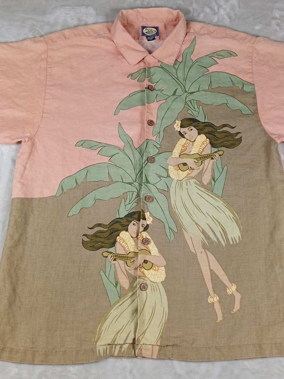 Vintage Tommy Bahama 100% Linen Hawaiian Shirt L Men's Hula Girl All Over Print